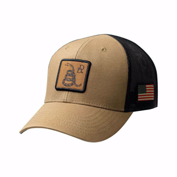 Beige and black cap hat with a snake logo inside a square on the front center, and the american flag embroided on the hat's left side, in the black part.