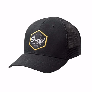 Black trucker hat with an hexagonal shape in the center front, written "Daniel Defense" in white