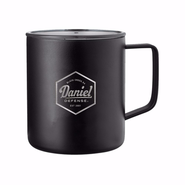 Black steel mug with a silver hexagon written Daniel Defense inside it