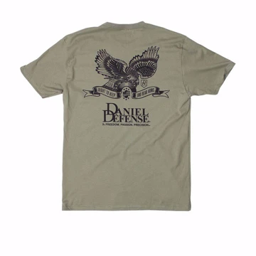 Back of the gray t-shirt, with the american eagle printed in dark-gray and written Daniel Defense,  Freedom. Passion. Precision. under it
