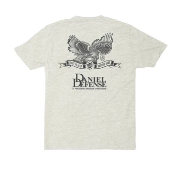 Back of the gray t-shirt, with the american eagle printed in dark-gray and written Daniel Defense,  Freedom. Passion. Precision. under it