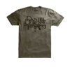 Olive t-shirt written Daniel Defense in black over the chest area, with a firearms image under it