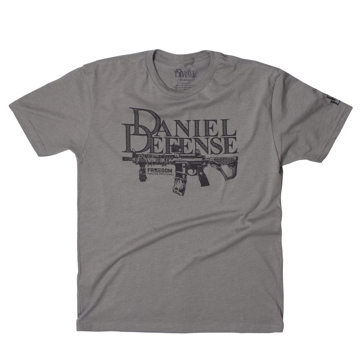 Gray t-shirt written Daniel Defense in black over the chest area, with a firearms image under it