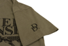 Close-up of the olive shirt's left sleeve, with a small DD logo in black