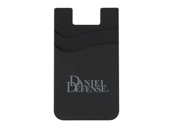 A black phone wallet with Daniel Defense written in silver