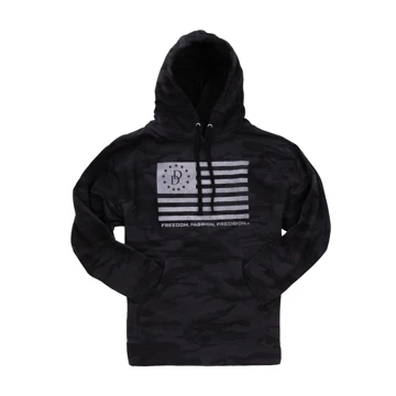 A black hoodie with the distressed american flag printed on the center in white, written "Freedom. Passion. Precision." under the flag