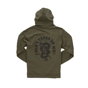 Back of the green hoodie, written "Don't tread on me" in a top semi-circle, over an image of the snake slithered around a firearm