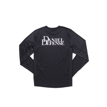 Back of the long sleeve shirt in the color black, with a large "Daniel Defense" written in white over the cheat area
