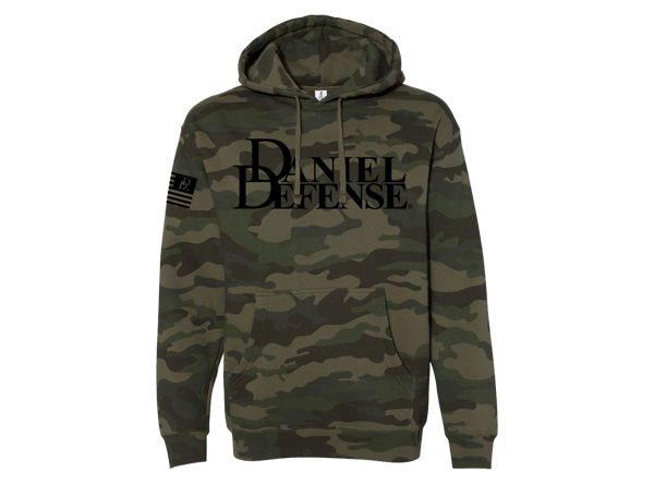 Green camouflage hoodie with Daniel Defense written in big black letters on the top-center