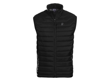 Black puffer vest with a small Daniel Defense written in silver on the left peck
