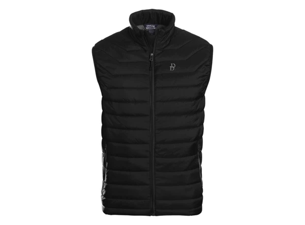 Black puffer vest with a small Daniel Defense written in silver on the left peck