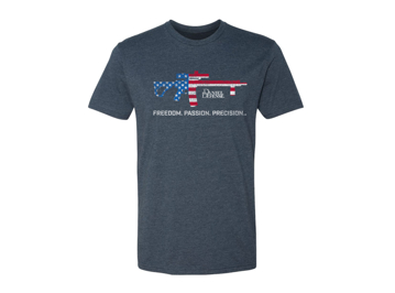 Blue t-shirt with a firearm silhouette with the american flag texture in it. It is written "Freedom. Passion. Precision." in white under the gun