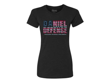 Black ladies t-shirt with Daniel Defense written with thetexture of the american flag
