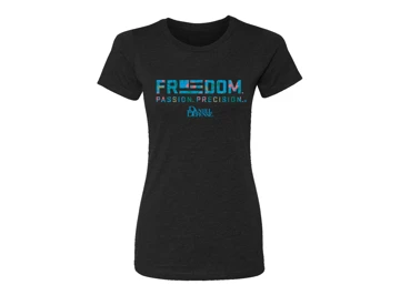 Black t-shirt for women, with Freedom. Passion. Precision. written in blue on the center-chest