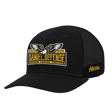 Black hat with yellow and white Daniel Defense logo and design
