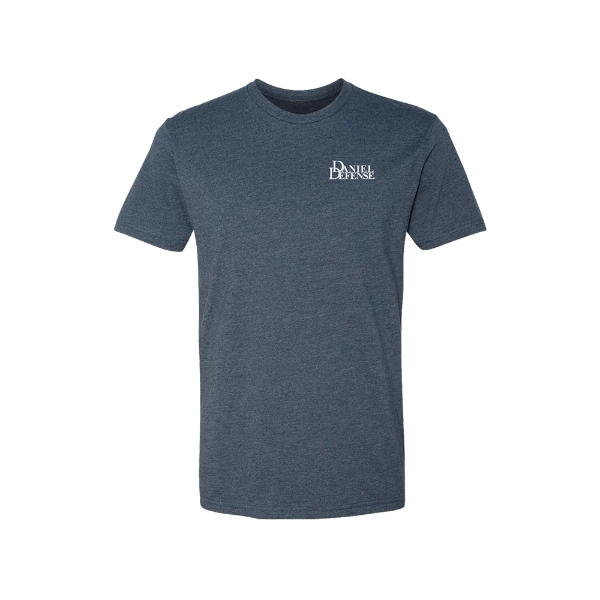 Blue t-shirt with white Daniel Defense logo on the left peck