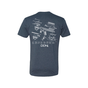 Back of the blue shirt, with a white illustration of the blueprint of  the DDM4 firearm