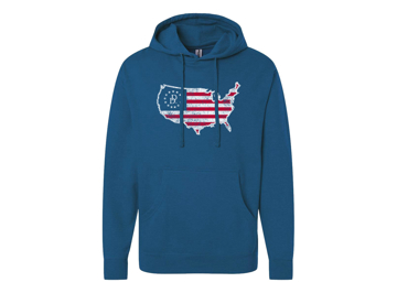 Blue hoodie with the american flag in the format of the U.S. territory in the center