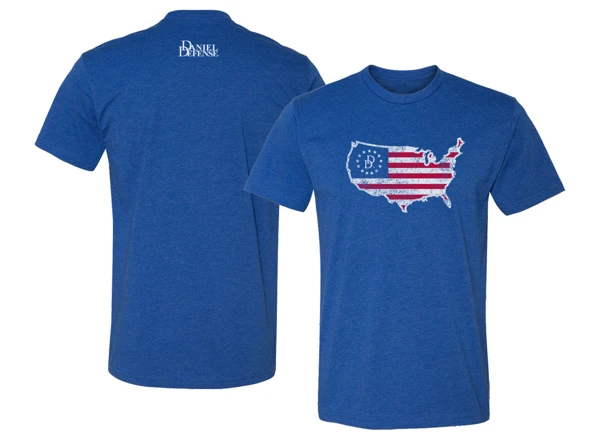 Blue t-shirt with the american flag in the format of the U.S. territory in the front center