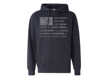 Blue hoodie with an illustration of the american flag in white, the stripes are guns, and the stars are the Daniel Defense logo