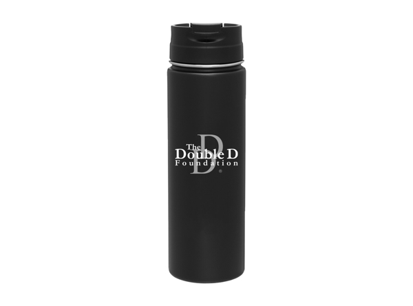 Black tumbler with a silver version f the DD logo on the front