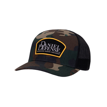 Daniel Defense Ridgeline Hat with camo texture and a white Daniel Defense logo on the middle