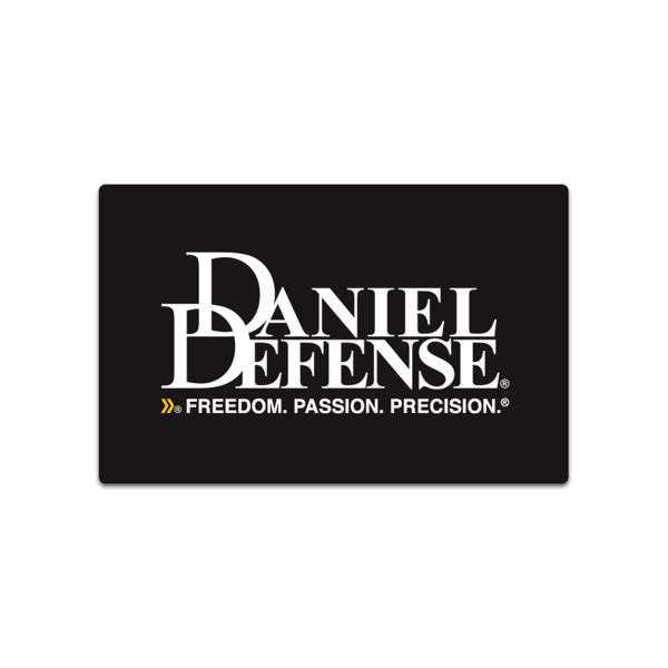 Black card written Daniel Defense in white, with FREEDOM, PASSION, PRECISION in white under it