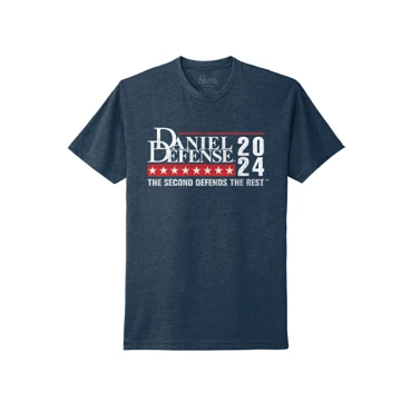 Image of a midnight navy short sleeve tee with a Daniel Defense election themed design on it