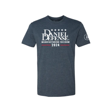 Image of a midnight navy short sleeve tee with a Daniel Defense design on the chest, and the Daniel Defense logo on the left sleeve
