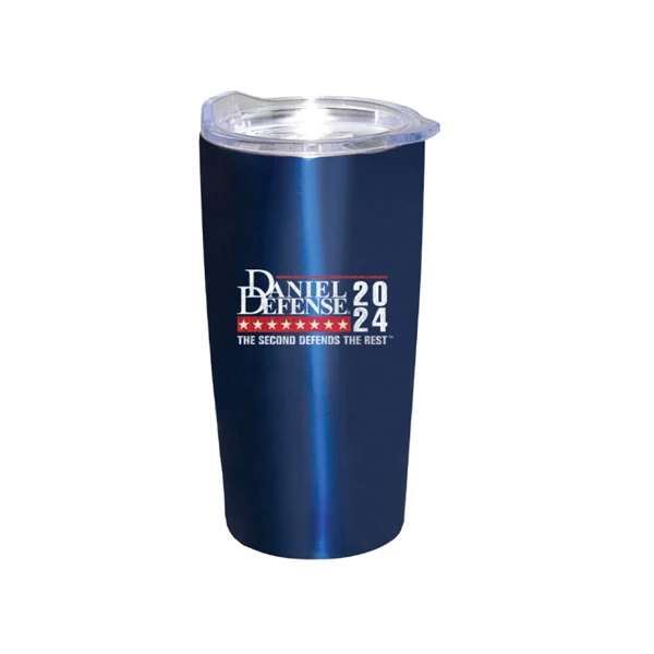 Image of a navy blue vacuum-insulated tumbler 20oz with a Daniel Defense Election design on it