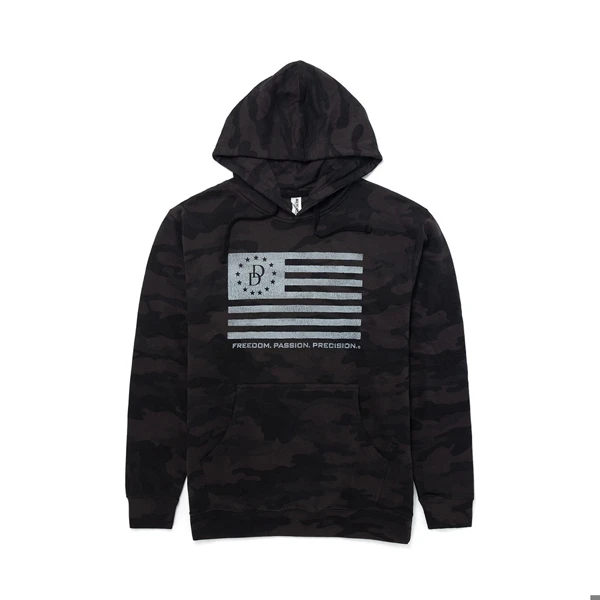 A black hoodie with the distressed American flag printed on the center in white, written "Freedom. Passion. Precision." under the flag