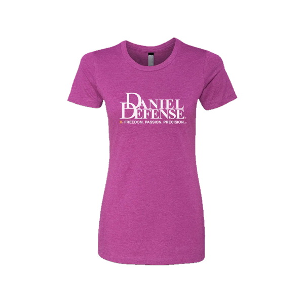 Pink tee with white Daniel Defense logo in white