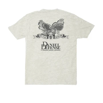 Front of the white t-shirt written Daniel Defense in dark-gray on the left peck