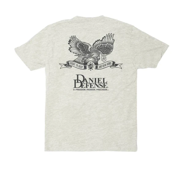 Back of the white t-shirt, with the american eagle printed in dark-gray and written Daniel Defense,  Freedom. Passion. Precision. under it