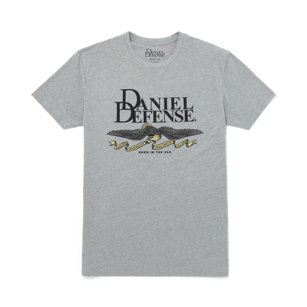 Gray t-shirt written Daniel Defense in black over che chest area, and the eagle flying under it