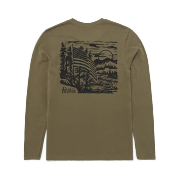 Olive Long Sleeve T-Shirt with the Daniel Defense logo and the a nature scene with an American flag