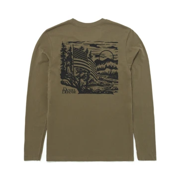 Olive Long Sleeve T-Shirt with the Daniel Defense logo and the a nature scene with an American flag