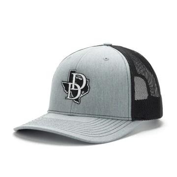 Grey trucker hat with a black mesh back with a Texas State Patch and a Daniel Defense Logo on the front
