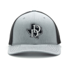 Grey trucker hat with a black mesh back with a Texas State Patch and a Daniel Defense Logo on the front