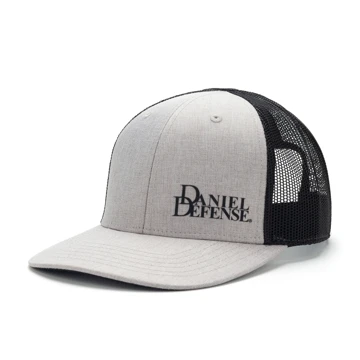 Gray hat with black mesh back and Daniel Defense logo