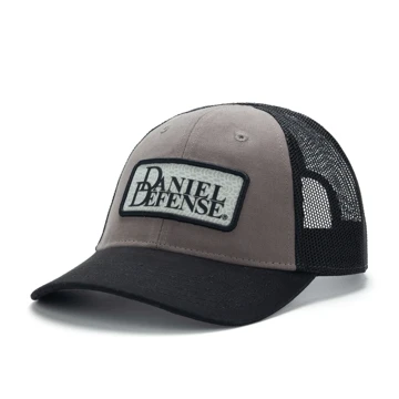 Grey trucker hat with black mesh back with a Daniel Defense patch on the front