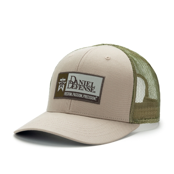 Tan mesh hat with a star and the Daniel Defense logo on the front