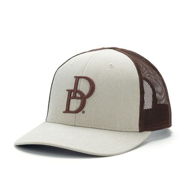 Tan and brow mesh trucker hat with Daniel Defense logo