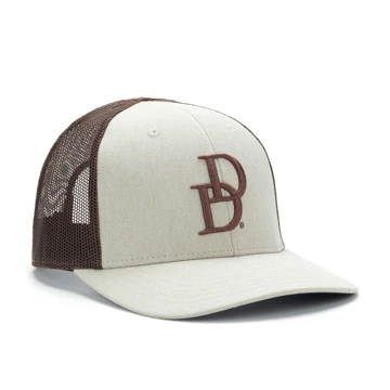 Tan and brow mesh trucker hat with Daniel Defense logo