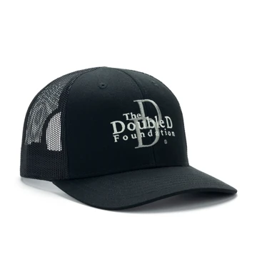 Black trucker hat with a black mesh back and a Daniel Defense Foundation logo on the front