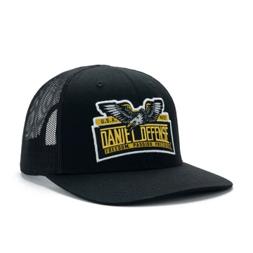 Black hat with yellow and white Daniel Defense logo and eagle design
