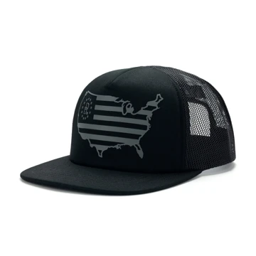 Black flat brim hat with a mesh back and a USA and flag outline with a Daniel Defense logo