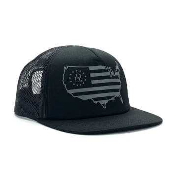 Black flat brim hat with a mesh back and a USA and flag outline with a Daniel Defense logo