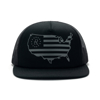 Black flat brim hat with a mesh back and a USA and flag outline with a Daniel Defense logo