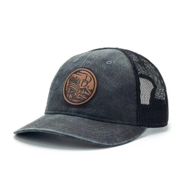 Distressed black hat with a black mesh back and a leather patch with a park scene and a flag and a Daniel Defense logo